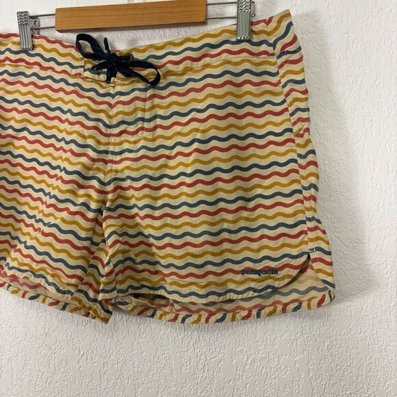 Patagonia Tan with Red, Blue, & Yellow Squiggly Line Print Swim Shorts - Picture 3 of 5